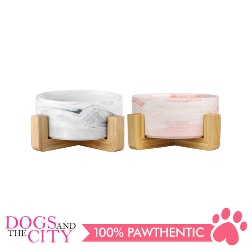 DGZ Nordic Ceramic Pet Bowl With Wood Stand MARBLE Design Medium 650ml 19.5x9cm for Dog and Cat