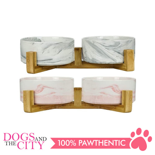 DGZ Nordic DOUBLE Ceramic Pet Bowl With Wood Stand MARBLE Design 400mlx2 27.5cmx14cmx6.5cm