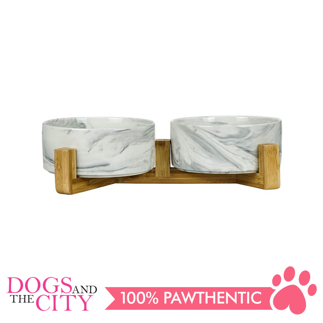 DGZ Nordic DOUBLE Ceramic Pet Bowl With Wood Stand MARBLE Design 400mlx2 27.5cmx14cmx6.5cm