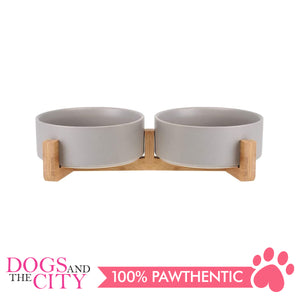 DGZ Double Ceramic Pet Bowl With Wood Stand 2x650ml 31x17x9cm for Dog and Cat