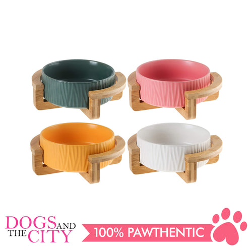 Dgz Nordic Ceramic Textured Pet Bowl With Wood Stand Small 400ml 16cmx6.5cm