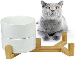 DGZ Double Ceramic Pet Bowl With Wood Stand 2x650ml 31x17x9cm for Dog and Cat