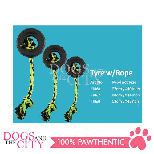 PAWISE 14705 Toss and Tug Tire with Rope Dog Toy 14inches